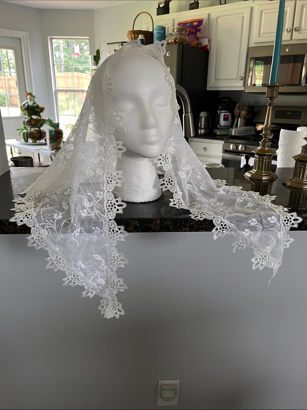 Delicate White Lace Floral Mantilla Veil Adorned With Trim